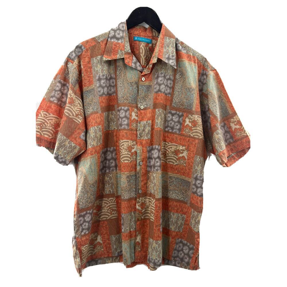 Tori Richard Men’s Short Sleeve Shirt Button Down Orange Tan Floral Size L EUC